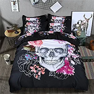 Cliab Skull Bedding Twin Size Black Flower Sheets Duvet Cover Set 5 Pieces(Fitted Sheet Included)