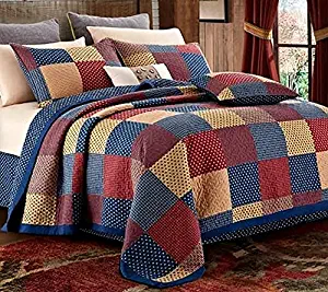 Virah Bella Patriotic Patch Charm 3 piece King Quilt Set, Country Americana Star Red Blue Cream