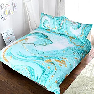 BlessLiving Chic Girly Marble Duvet Cover Mint Gold Glitter Turquoise Bedding Comforter Set Abstract Aqua Teel Blue Duvet Cover (Full)
