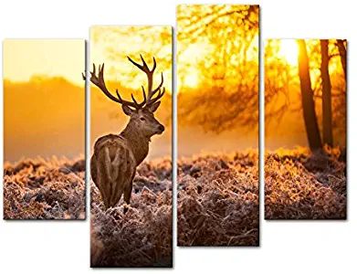 Canvas Print Wall Art Painting For Home Decor,Deer In Autumn Forest In Sunset Animal Wildlife 4 Piece Panel Paintings Modern Giclee Stretched And Framed Artwork The Picture For Living Room Decoration,Animal Pictures Photo Prints On Canvas