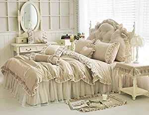 LELVA Shabby Ruffle Duvet Cover Set King Cotton Chic Wrinkle Girls Bedding Khaki 4 Piece Romantic Lace Design Bed Skirt