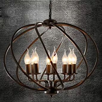 Industrial Adjustable Wrought Iron Vintage Retro Pendant Light - LITFAD 22" Edison Metal Globe Shade Hanging Ceiling Light Cage Chandelier Pendant Lamp Fixture Black Finish with 8 Lights