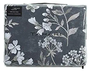 Tahari Home King Duvet Cover Set Vintage Botanical Garden Butterflies Flower Print Cotton Sateen Bedding Gray Taupe White