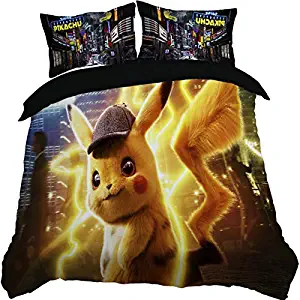 Paixide 3D Pikachu Duvet Cover Best Gift for Kids Printed Cartoon Anime 3pcs with Soft Mircrofiber Reversible, Queen