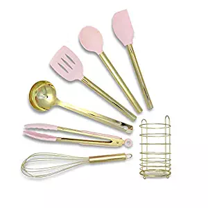 Pink & Gold Cooking Utensils with Stainless Steel Utensil Holder-Silicone Cooking Utensil Set: Gold Whisk,Gold Ladle,Pink Spatula,Gold & Pink Tongs,Pink & Gold Serving Spoon,Turner,Gold Utensil Holder