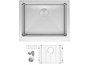 ZUHNE Trento 24 Inch Single Bowl Farm House 16G Stainless Steel Kitchen Sink, Scratch Protector Grid, Caddy and Strainer – Short Straight Apron