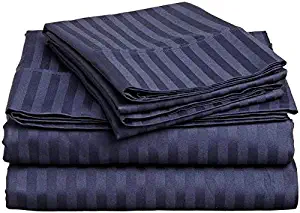 Philly Linens NightFully Bedding 600TC 100% Egyptian Cotton 4 PC 15" Attached Waterbed Sheet Stripe Navy Blue Color King Size