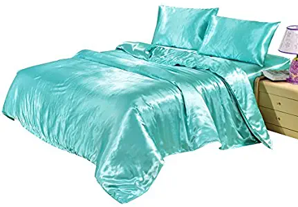 Hotel Quality Solid Aqua Blue Duvet Cover Set Queen/Full Size Silk Like Satin Bedding with Hidden Zipper Ties Soft Hypoallergenic Stain Resistant Quilt/Comforter Cover Set