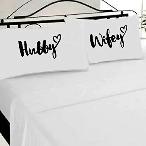 Hubby Wifey Mr Mrs pillow Cases Set Of 2 Queen Size Bright White HandMade