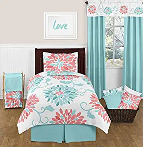 Sweet Jojo Designs 4-Piece Turquoise and Coral Emma Kids Teen Modern Twin Bedding Set Collection