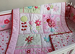 Pink Ladybug Flower Nursery Crib Bedding Set Embroidery Garden Theme Baby Girl Bedding 4 PCs Set 1 Quilt+ 1 Fitted Sheet+1 Bed Skirt+ 1 Set of Bumpers Baby Girl Gift Idea (Pink Lady Bug Flower)