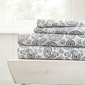 Simply Soft 4 Piece Sheet Set Coarse Paisley Patterned, Queen, Navy