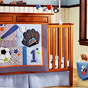 10-Piece Crib Nursery Bedding Sports Set Cotton Baseball Baby Boy Handmade Crib Bedding Quilt Set with Bumpers Navy Blue