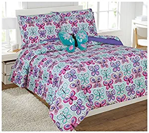 Fancy Linen Collection 8 Pc Butterfly Purple Blue/Turquise Comforter set With Furry Buddy Included Full Butterfly