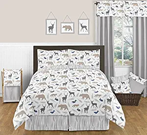 Sweet Jojo Designs 3-Piece Blue Grey and White Woodland Animals Childrens, Teen, Kids Bear Deer Fox Full/Queen Bedding Set Collection