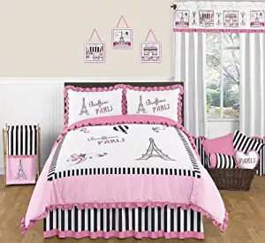 Sweet Jojo Designs 3-Piece Pink, Black and White Stripe Paris Childrens and Teen Full/Queen French Eiffel Tower Girls Bedding Set Collection