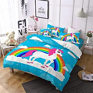 Jessy Home Duvet Cover Twin Set, 4 PC Cartoon 3D Bedding Set, Unique Print with Unicorn for Girls,1 Duvet Cover/1 Flat Bed Sheets/2 Pillowcases,Without Comforter