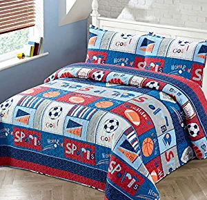 Luxury Home Collection 2 Piece Twin Size Quilt Coverlet Bedspread Bedding Set for Kids Teens Boys Girls Sports Basketball Baseball Football Soccer Navy Blue White Orange Red Gray (Twin Size)