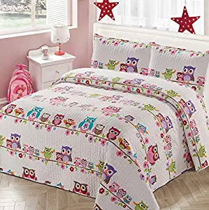 Luxury Home Collection 2 Piece Twin Size Quilt Coverlet Bedspread Bedding Set for Kids Teens Girls Owls Flowers Pink Purple Brown Orange White Blue (Twin Size)