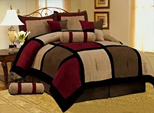 7 PC MODERN Black Burgundy Red Brown Suede COMFORTER SET / BED IN A BAG - KING SIZE BEDDING