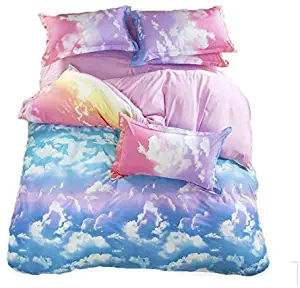 LemonTree 3D Soft Rainbow Bedding Set- Sky Clouds Bedding Collection-Rainbow Cloud Patterns,Hypoallergenic,Microfiber -4Pcs-1 Duvet Cover + 1 Flat Sheet + 2 Pillowcases JUST Cover NOT Comforter