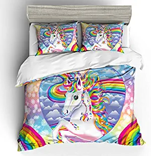 Unicorn Duvet Cover Set Girls Bedding Set for Teens 3D Print New Year Present 1 Piece Duvet Cover with 2 Pieces Pillow Shames (Rainbow, Full/Queen)