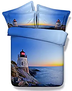 Royal Linen Source 3PCS Beautiful Guiding Lighthouse at Sunset Excellent Quality 3D Bed Set Duvet Cover Set Quilt Covers Full Queen Super King Size Sheet (JF008, King)