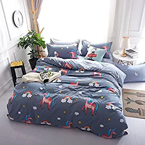 4pcs Beddingset Duvet Cover Set Without Comforter Microfiber Fabric Kids/Adults Popular Twin Full Queen Pineapple Flower New Unicorn Design (Twin,58"x80", Happy Unicorn, Purple)