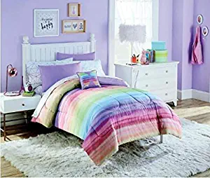 Rainbow Ombre Stripes Girls Colorful Full Comforter Set (8 Piece Bed in A Bag) + Homemade Wax Melts