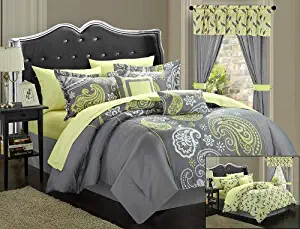Chic Home Olivia 20-Piece Comforter Set Reversible Paisley Print Complete Bed in a Bag with Sheet Set, Window Treatments, and Decorative Pillows, King Grey/Yellow
