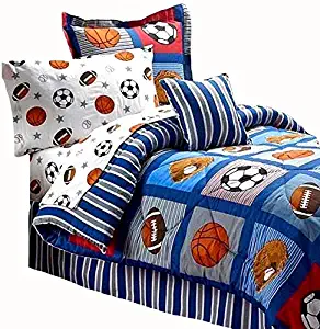 BOYS SPORTS PATCH Football Basketball Soccer Balls Baseball Blue REVERSIBLE Comforter Set (FULL SIZE 8pc Bed In A Bag)