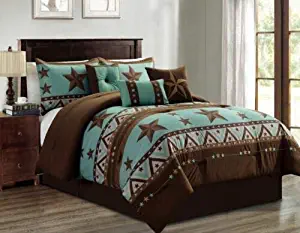 Luxury South Western Pattern Turquoise Rustic Brown Star Comforter Set - 7 Piece Set (King)