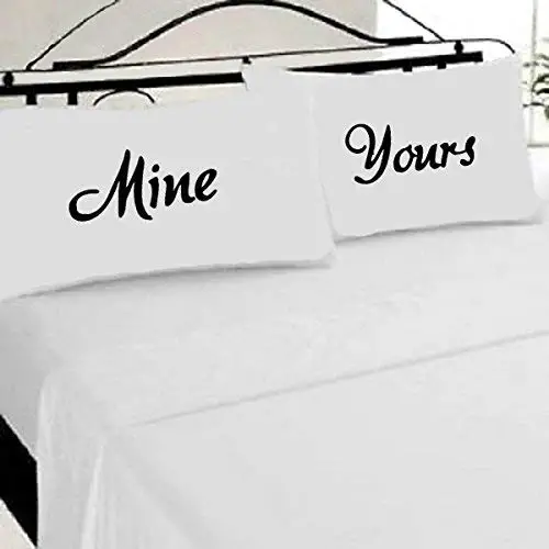 Yours Mine Mr Mrs pillow Cases Set Of 2 Queen Size Bright White HandMade