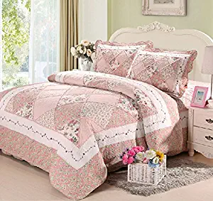 Cooperation 100% Cotton Floral Pink Hue Queen Size Patchwork Quilt Bedding Set 3pc