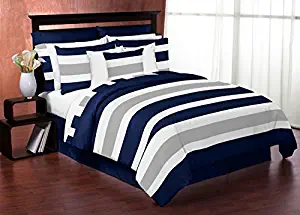 Sweet Jojo Designs 4-Piece Navy Blue, Gray and White Stripe Childrens, Teen Boys Twin Bedding Set Collection