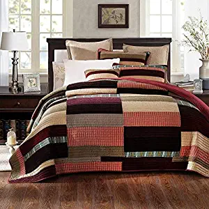 DaDa Bedding Classical Desert Sands Reversible Real Patchwork Quilted Bedspread Set - Striped Autumn Warm Tones Brown Burgundy Multi-Color Print - Queen - 3-Pieces