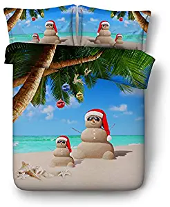 Newrara 3D Digital Bedding Christmas Bedding Seashell Beach Bedding Coconut Tree with Christmas Sand Man Printed 4Pcs Cotton Bedding/Duvet Cover Sets