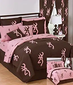 Pink Browning Buckmark 8 Piece TWIN Comforter Set (1 Comforter, 1 Flat Sheet, 1 Fitted Sheet, 1 Pillow Case, 1 Sham, 1 Bedskirt, 2 Square Accent Pillows) SAVE BIG ON BUNDLING!