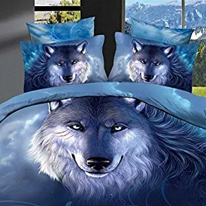 Ammybeddings King Size Cotton Wolf Bedding with 1Duvet Cover 1Flat Sheet and 2 Pillowcase Blue Oil Painting Duvet Cover Set 3D Bedroom Decoration,4PCS