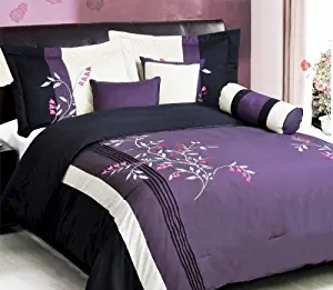 7 Piece Modern Oversize Purple / White / Pink / Black Vine Embroidered Comforter set QUEEN Size Bedding