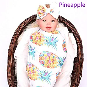 LINFON Newborn Baby Sleep Print Swaddle Blanket Large and Bow Headband Value Set Receiving Blankets (Pineapple)