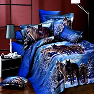 Lightinthebox Queen Size 3D Wolf Bedding Sets Blue Unique Cool Wolves on Snow Print 4-Piece Polyester Duvet Cover Sets, 4 PCS Blue Bedding Quilt Cover Set (Queen)