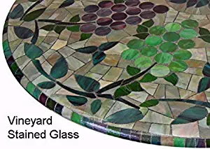 Mosaic Table Cloth Round 36" to 48" Elastic Edge Fitted Vinyl Table Cover Vineyard Stained Glass Pattern Brown Purple Green