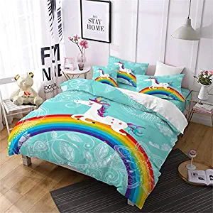 Jessy Home Duvet Cover 2 Piece Twin Size Rainbow Unicorn Quilt Cover Bedroom Decora for Girls Children Gift Cartoon 3D Cute Bedding Set Mint Green (1Pillow Cases)