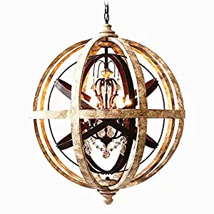 KunMai Rustic Retro Weathered Wooden Globe Metal Orb Crystal 5-Light Chandelier Candle Style Pendant Light for Kitchen Island Entry Area Living Room