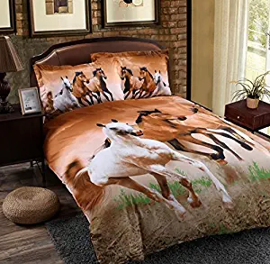 Babycare Pro Galloping Horse Reactive Print Polyester 3D Duvet Cover Bedding Sets Queen Size 4 Pieces( Comforter Not Included)(Queen)