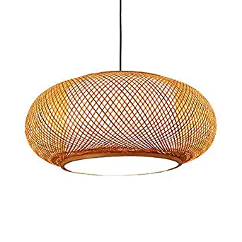 LITFAD Antique Lantern Pendant Lighting Rattan Single Light Weaving Natural Wooden Ceiling Hanging Light Beige Ceiling Fixture with Adjustable Cord for Dining Room Living Room Restaurant - 23.5"