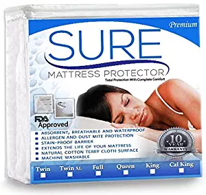 100% Waterproof Mattress Protector - Anti-Allergenic Breathable Cotton Fabric Cover - Fitted Sheet Style - Dust Mites & Bed Bug Protection - Fluid & Stain Resistant - 10 Year Warranty - (Cal King) By SURE PREMIUM