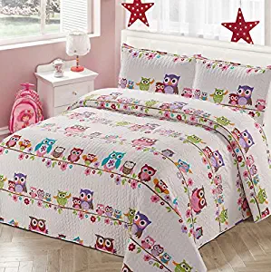 Luxury Home Collection 3 Piece Full/Queen Size Quilt Coverlet Bedspread Bedding Set for Kids Teens Girls Owls Flowers Pink Purple Brown Orange White Blue