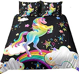Suncloris,Sparkling Unicorn Colorful Unicorn Rainbow Glitter Stars,Kids' Gift Home Bedding Set.Included:1Duvet Cover,2Pillowcase(no Comforter Inside) (Full)